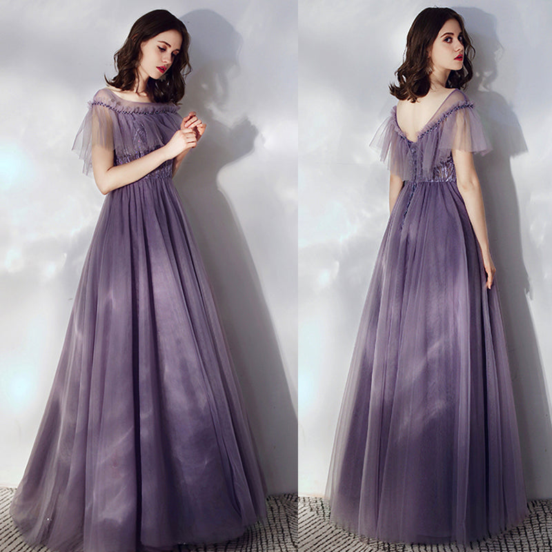 Purple tulle long a line prom dress 8166