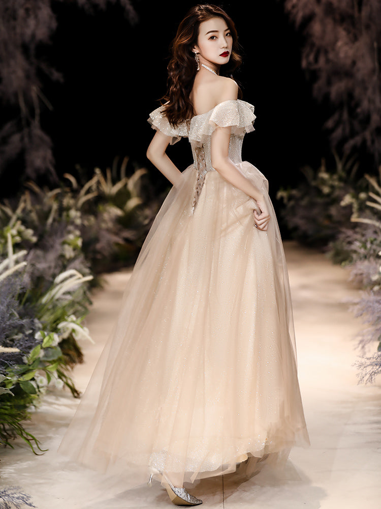 Sparkling champagne tulle sequins prom dress 8276