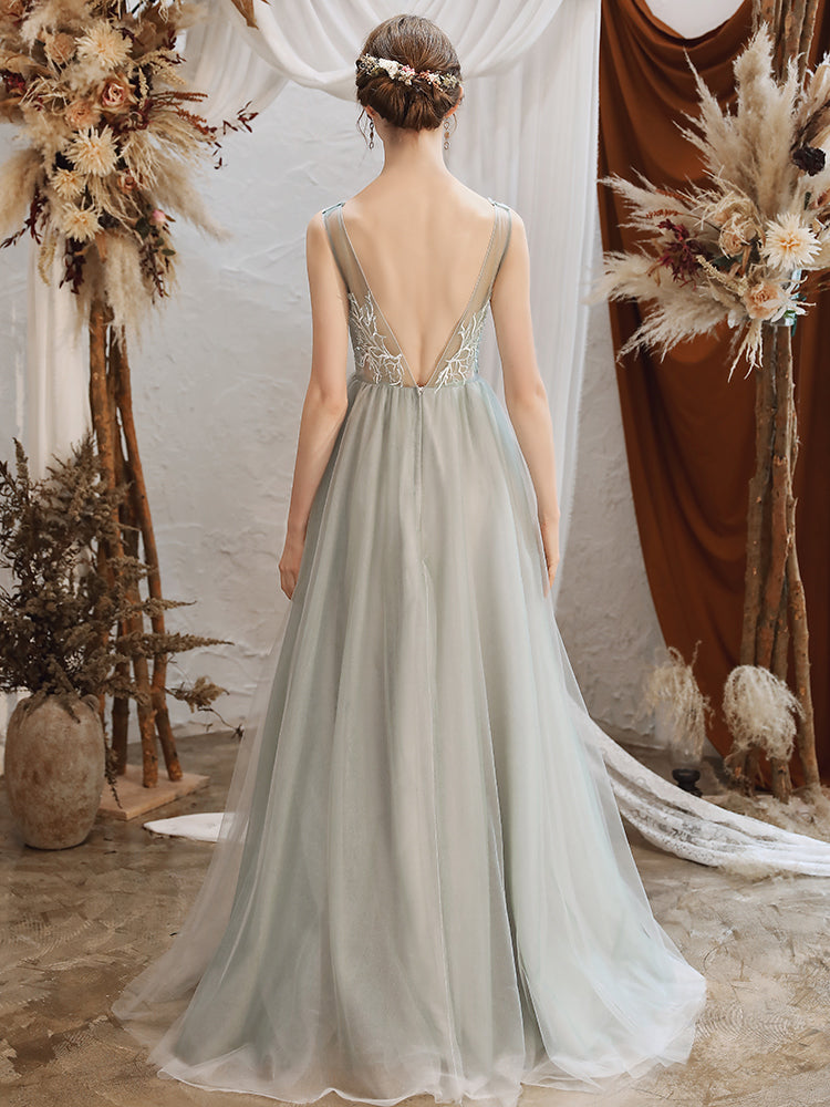 Gray tulle lace long prom dress evening dress 8265