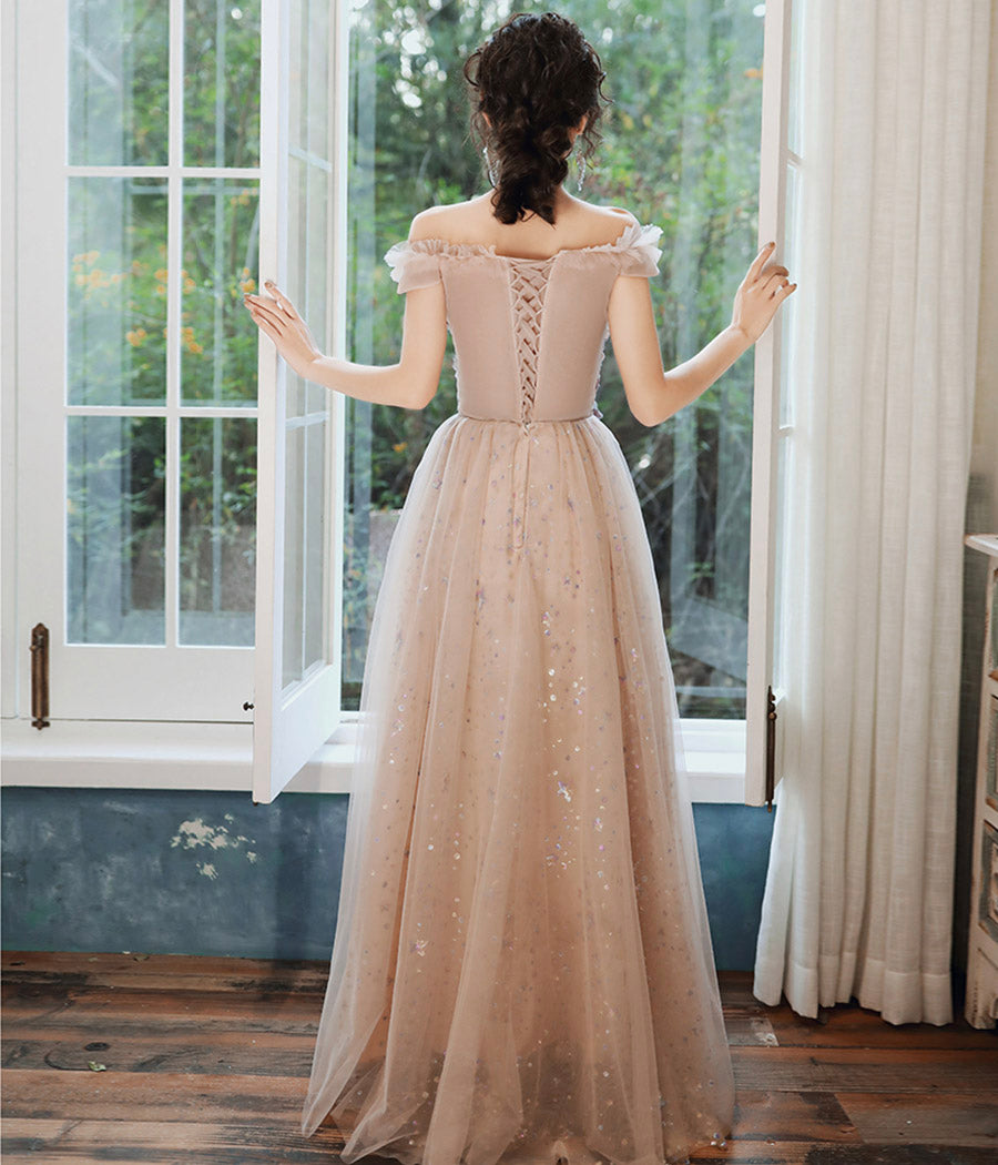 Cute tulle sequins long prom dress evening dress 8419