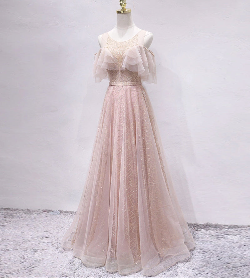 Pink sequins tulle long prom dress 8175