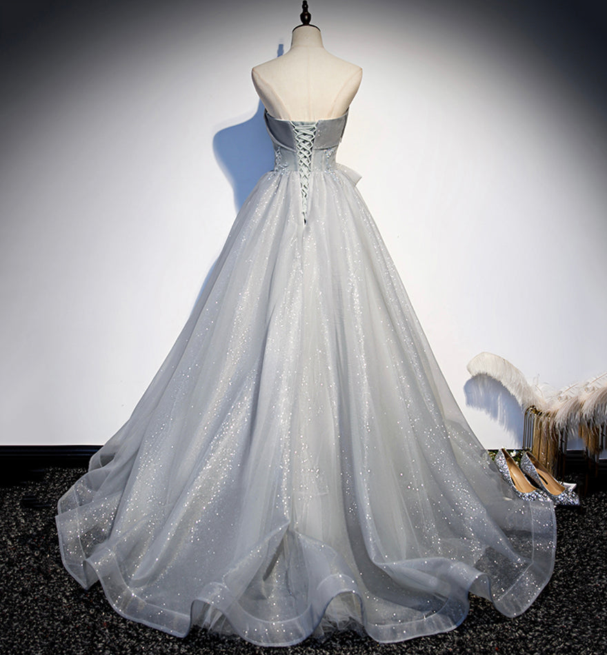 Gray tulle sequins long ball gown dress formal dress 8448