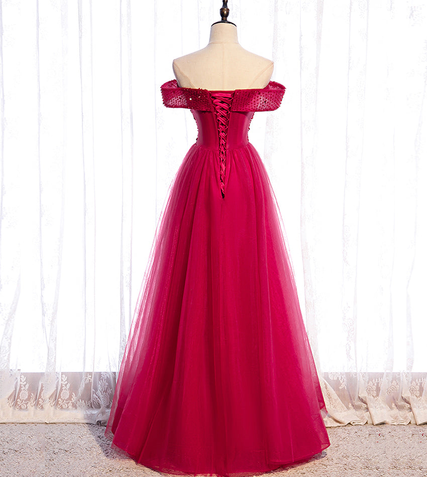 Red tulle beads long prom dress red evening dress 8427