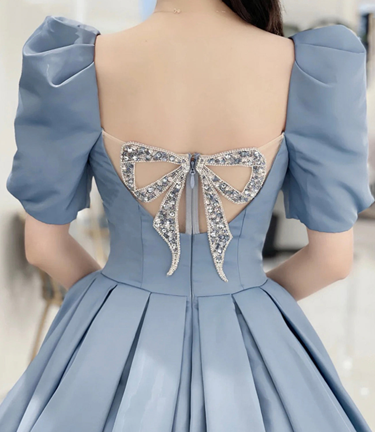 Blue Satin Elegant Short Sleeve Long A-Line Ball Gown Evening Dress 8831