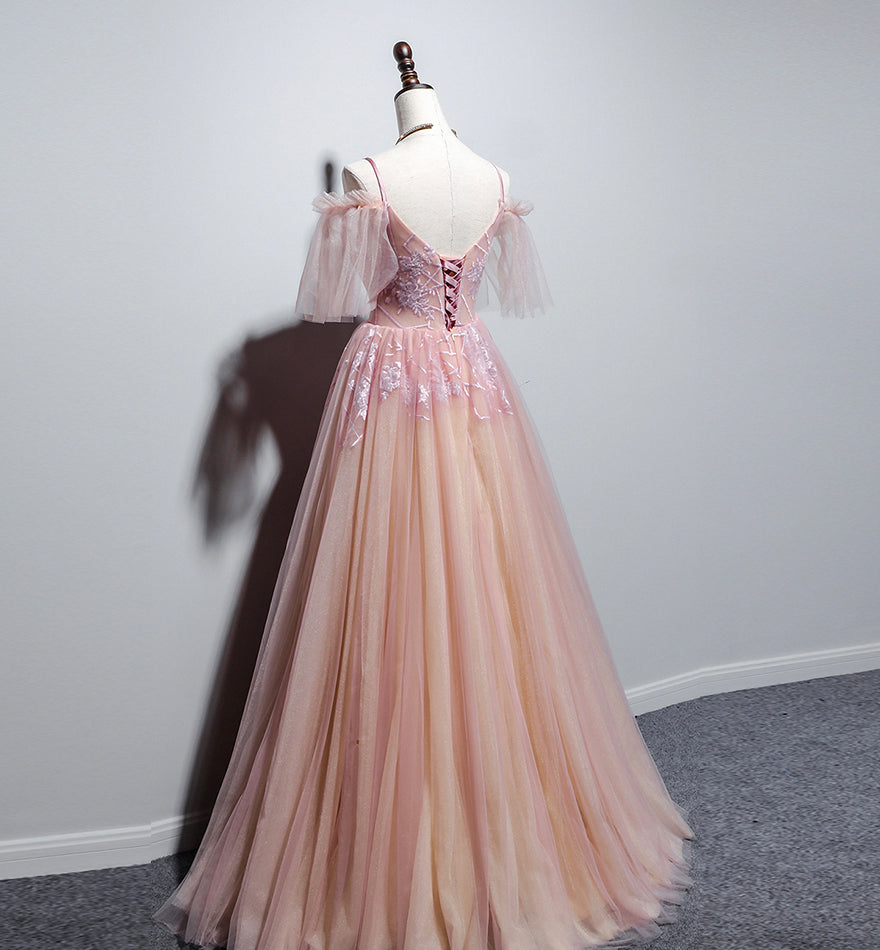 Pink v neck tulle long prom dress evening dress 8455