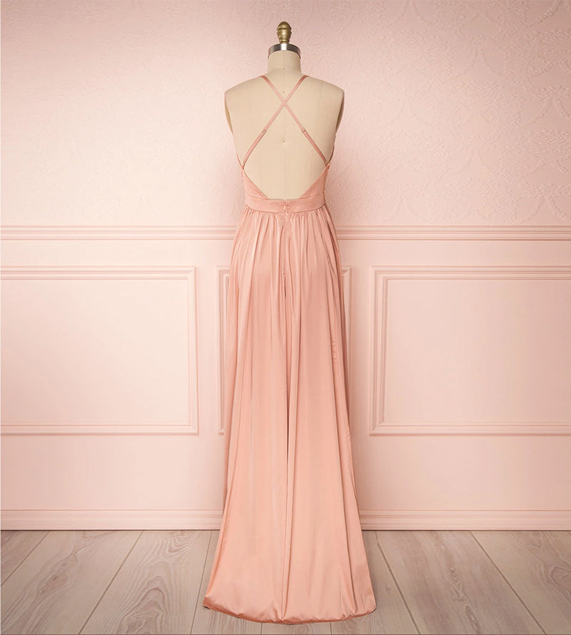 Robe de bal longue en satin rose à col en V 8176