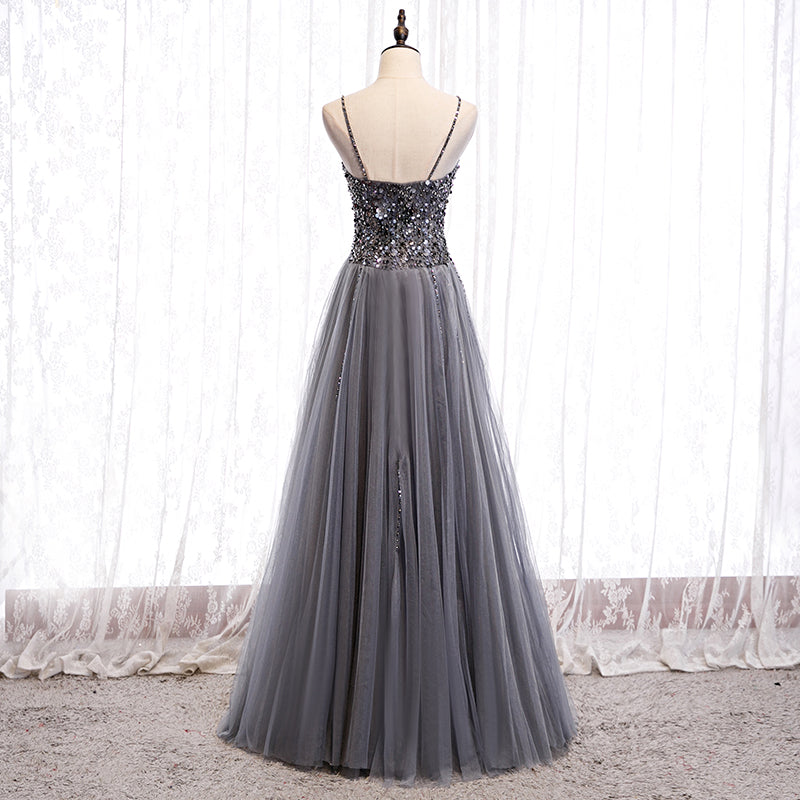 Gray tulle sequins long prom dress 8158