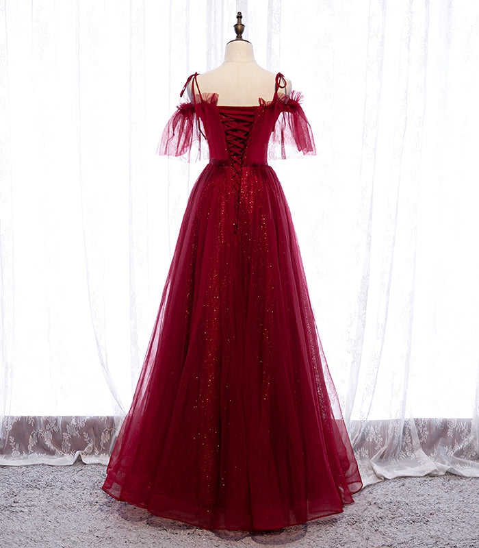 Burgundy tulle lace long prom dress evening dress 8305