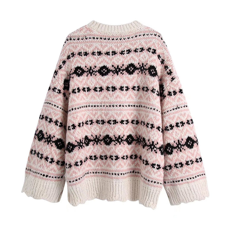 Versatile side slit jacquard loose sweater sweater 7725