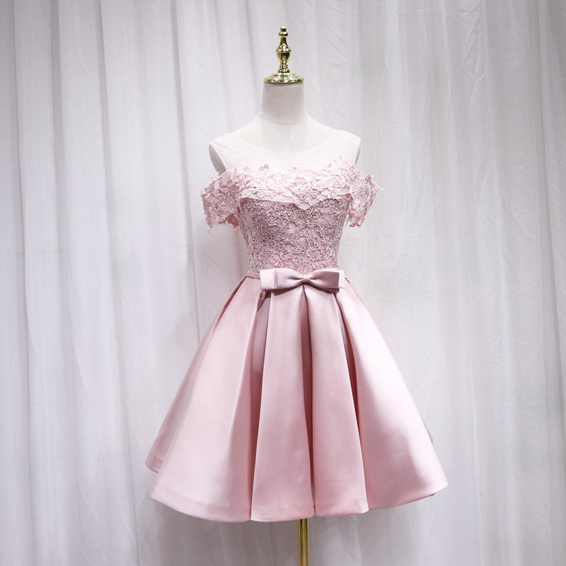 Pink satin lace short prom dress 8210