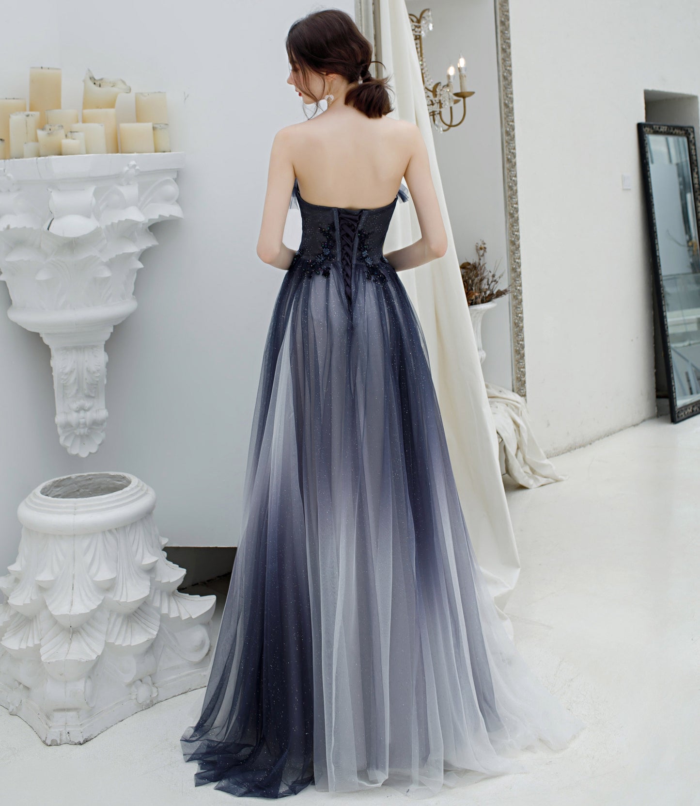 A line strapless tulle long prom dress formal dress 8224