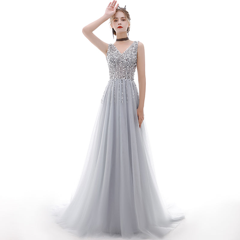 Gray v neck tulle beads long prom dress 8181
