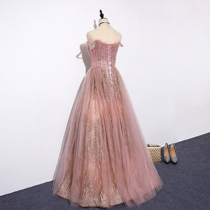 Sparkling pink tulle sequins long prom dress, evening dress 8104