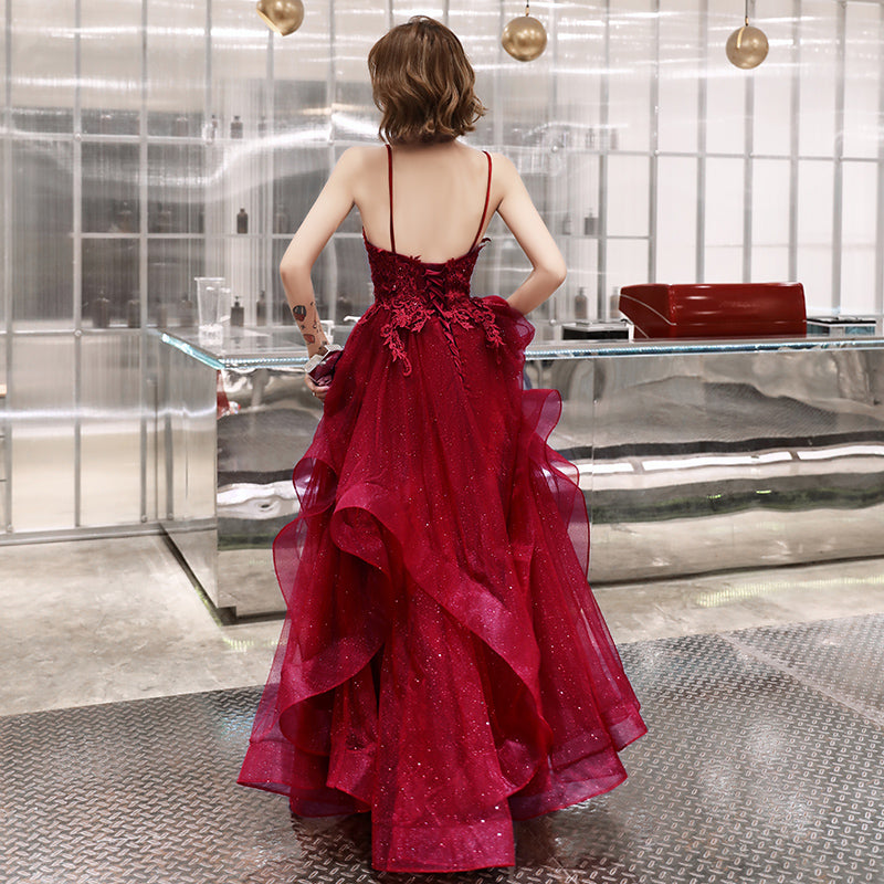 Burgundy lace tulle long A line prom dress 8220