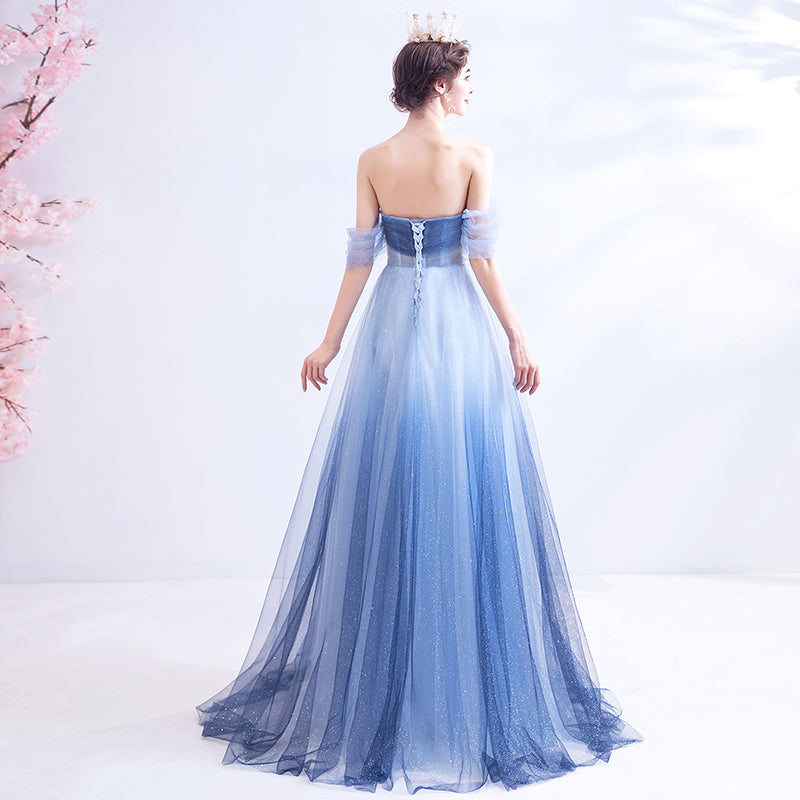Blue tulle lace long prom dress party dress 8201