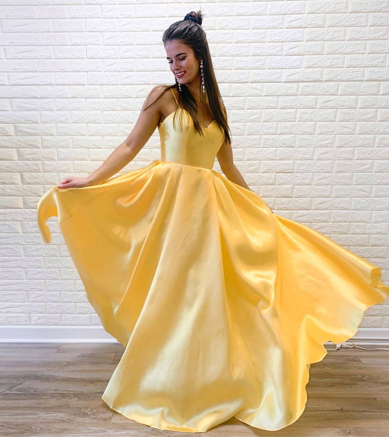 Yellow satin long prom dress evening dress 8187