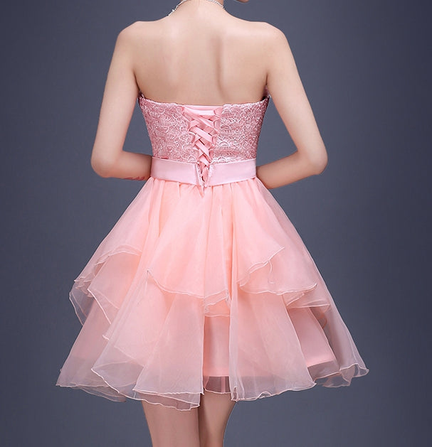 Charming A-line pink lace sweethearg neck short prom dress,homecoming dresses 7706