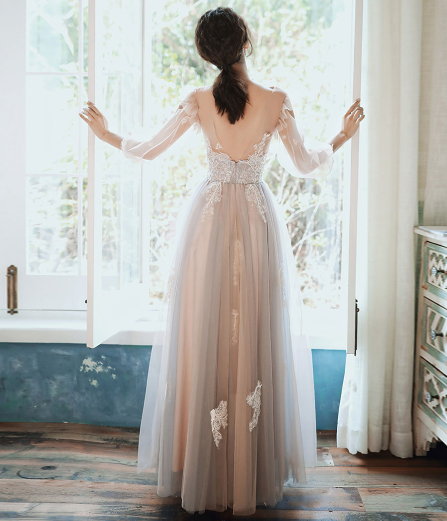 Cute tulle lace long prom dress evening dress 8343