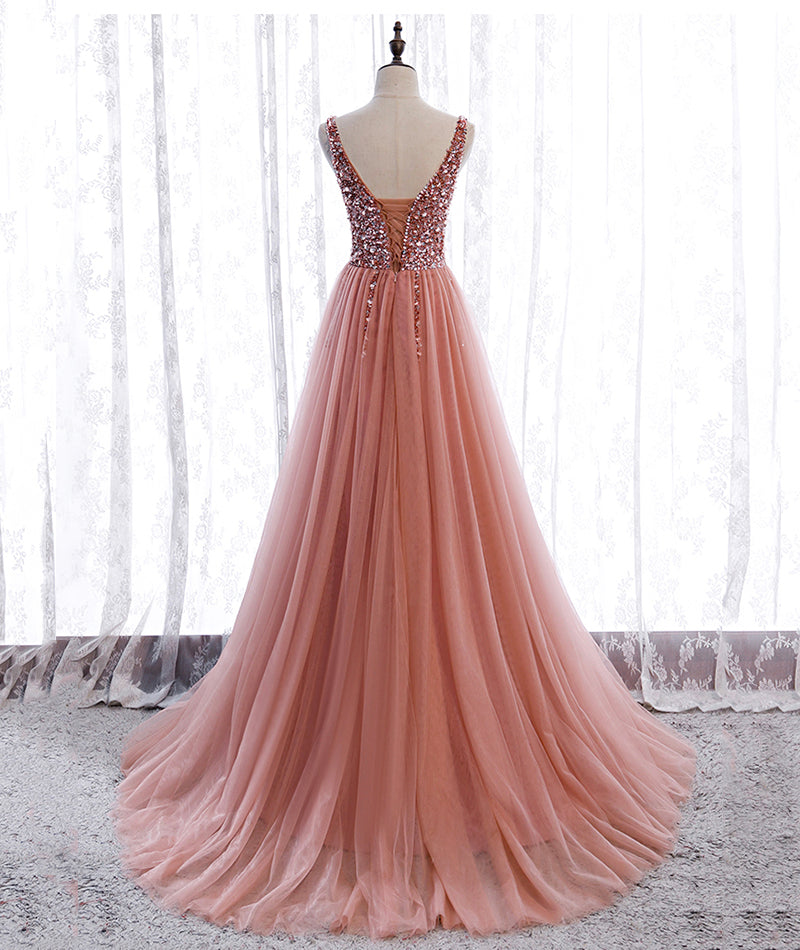 Pink v neck tulle beads prom dress A line evening dress 8377