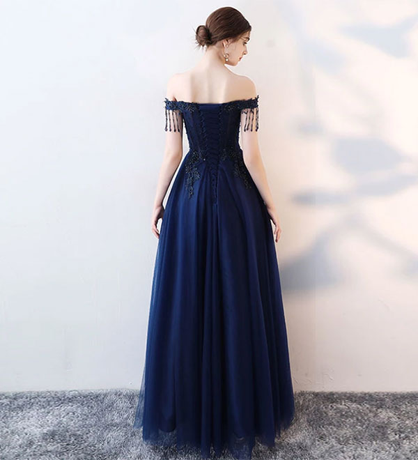 Blue tulle beads long prom dress, blue evening dress 8152