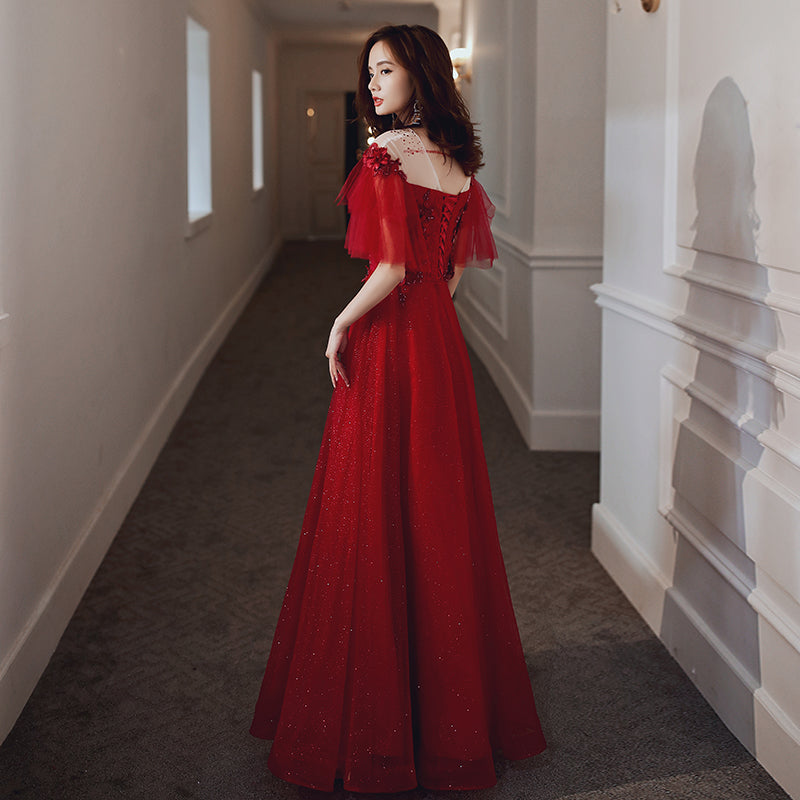 Red tulle lace long prom dress red evening dress 8231