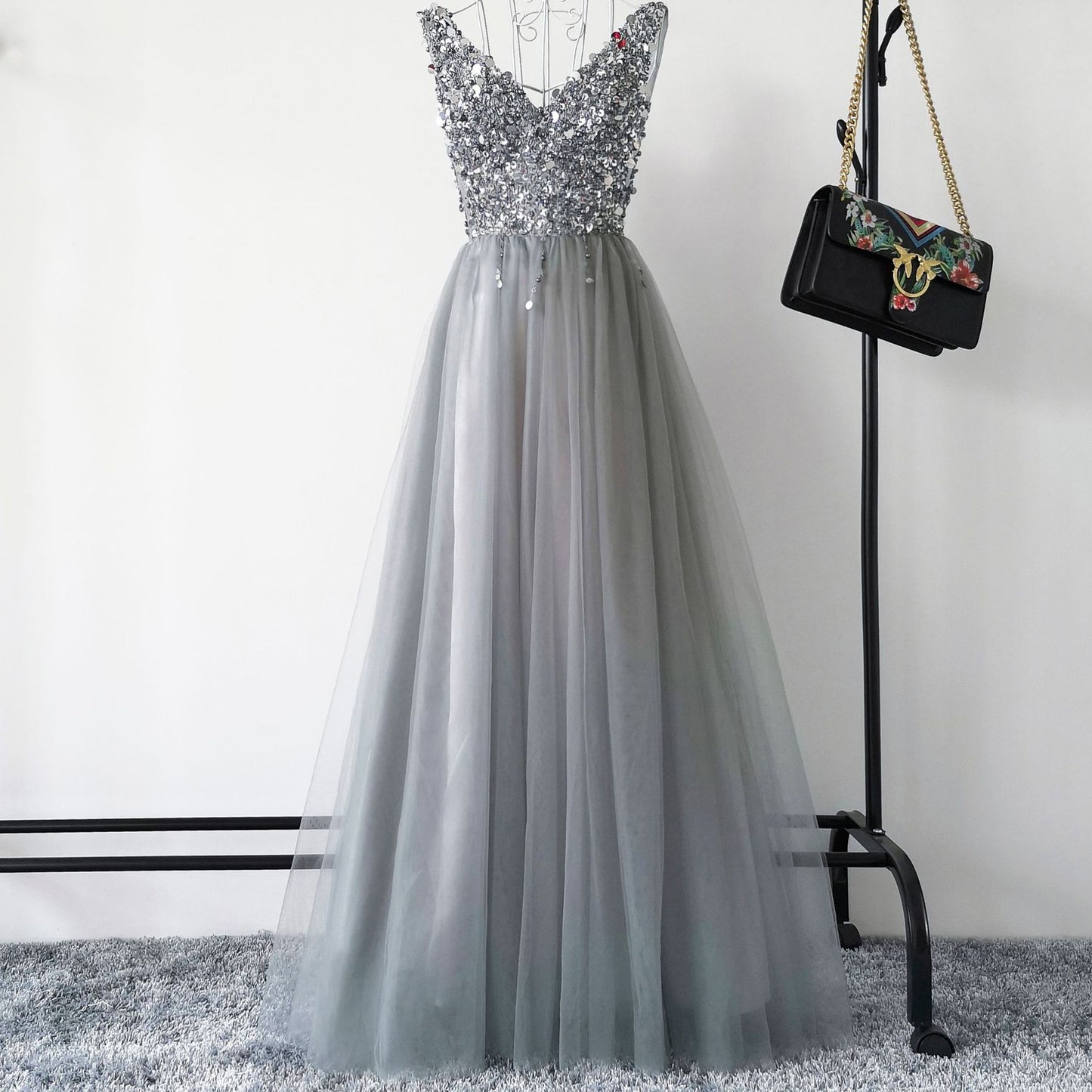 Gray v neck tulle beads long prom dress 8172