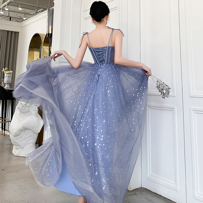 Blue tulle long prom dress, blue evening dress 8139