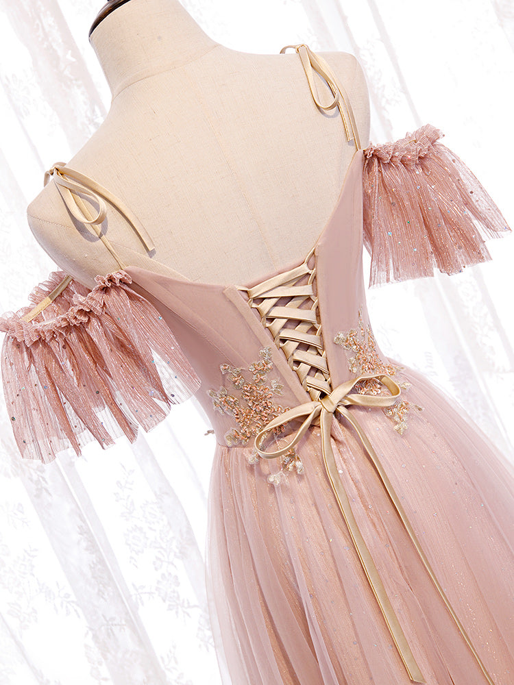 Pink tulle lace long prom dress evening dress 8349