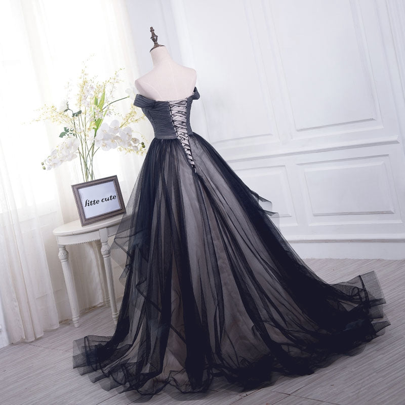 Robe de bal longue en tulle noir à épaules dénudées, robe de soirée noire 7899