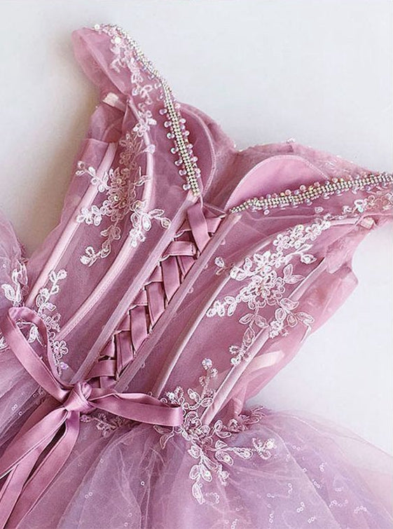 Pink tulle lace short prom dress, pink evening dress 8006