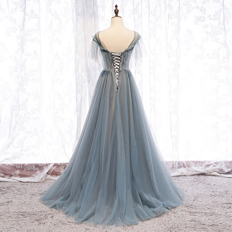 Robe de soirée longue en tulle gris 8317
