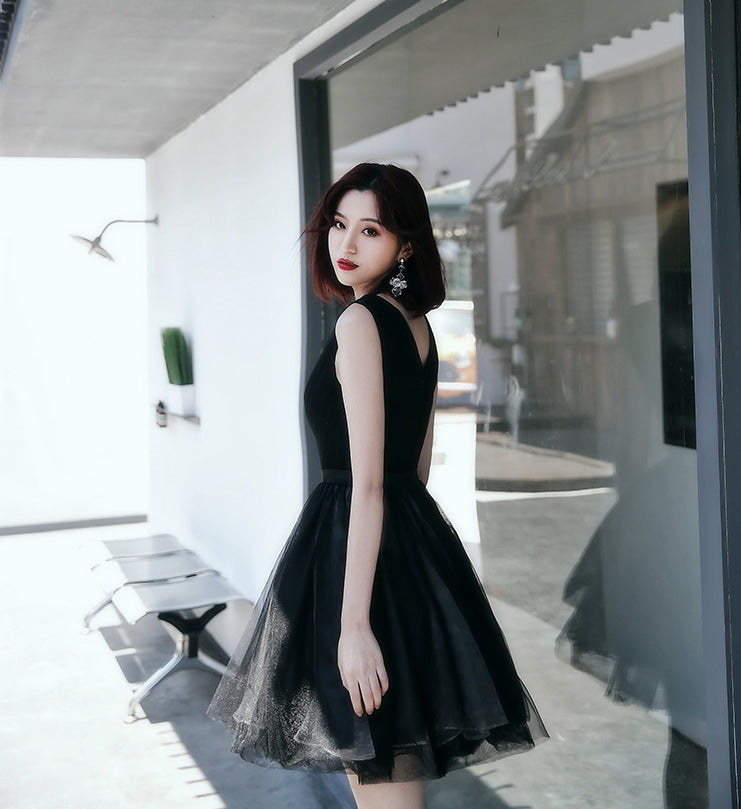 Black v neck tulle short prom dress, homecoming dress 8060