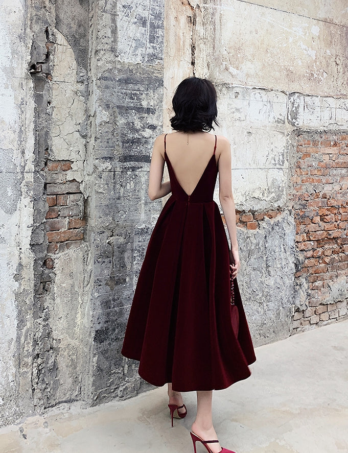 Simple burgundy velvet short prom dress 8184