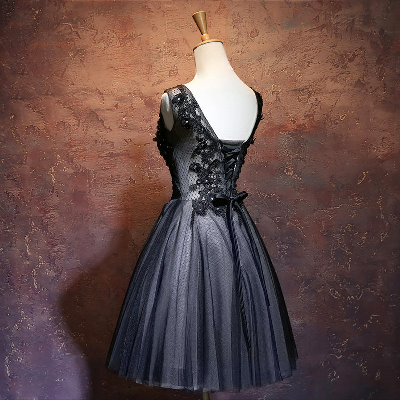 Black v neck tulle applique short prom dress, homecoming dress 7888