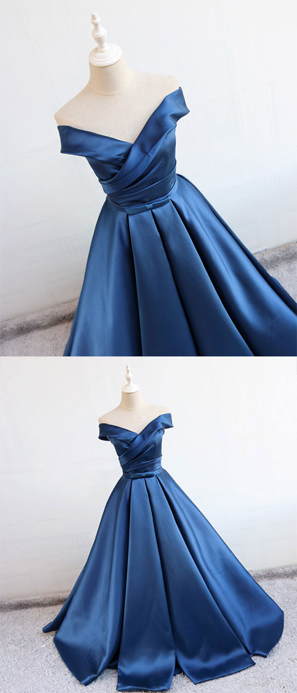 Robe de soirée longue en satin bleu à col en V, robe de soirée bleue 7897