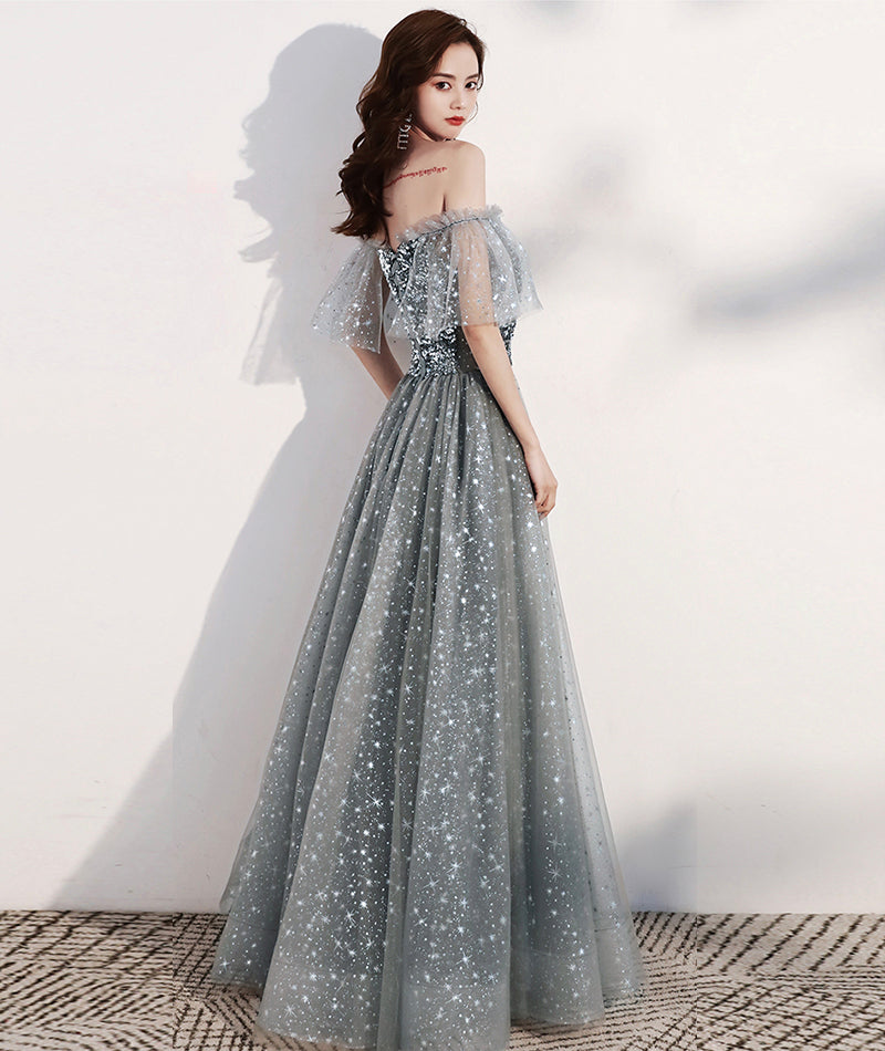Shiny tulle long prom dress with sequins gray evening dress 8405