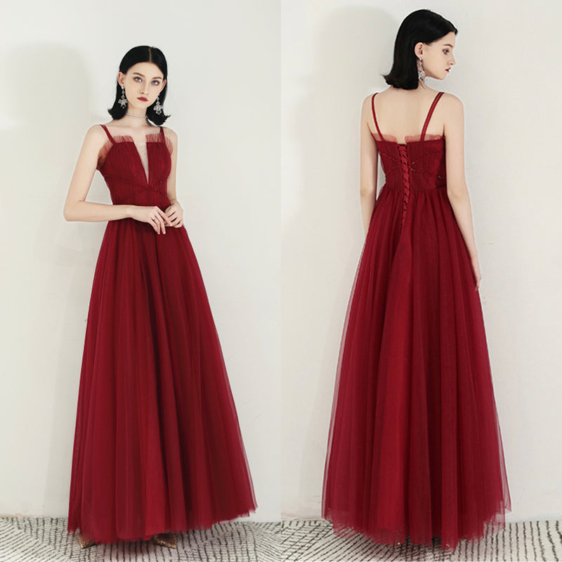 Burgundy tulle long prom dress 8168