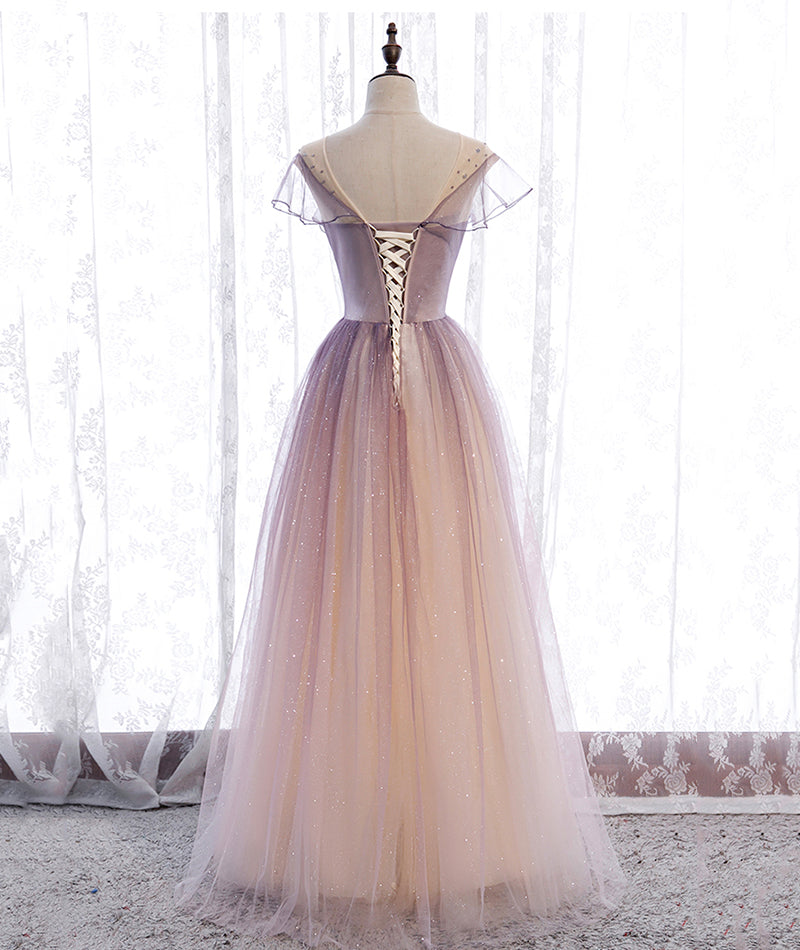 Elegant tulle sequins prom dress A line evening dress 8376