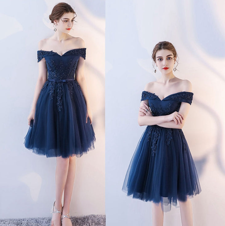 Dark blue lace v neck short prom dress, homecoming dress 7780