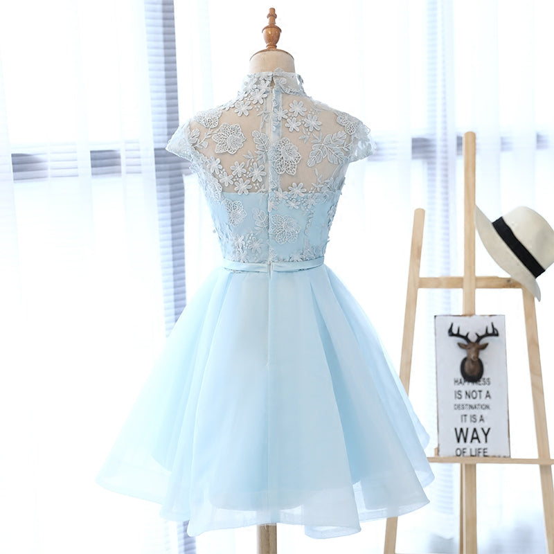 Blue lace tulle short prom dress, homecoming dress 8148