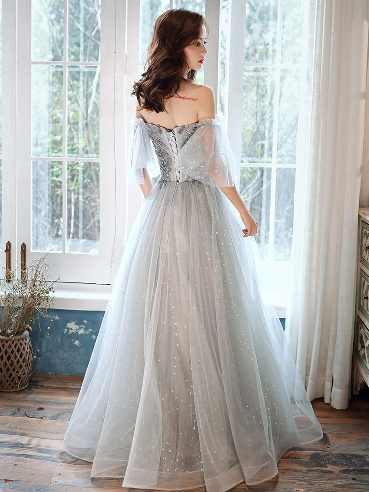 Gray tulle beads prom dress evening dress 8378