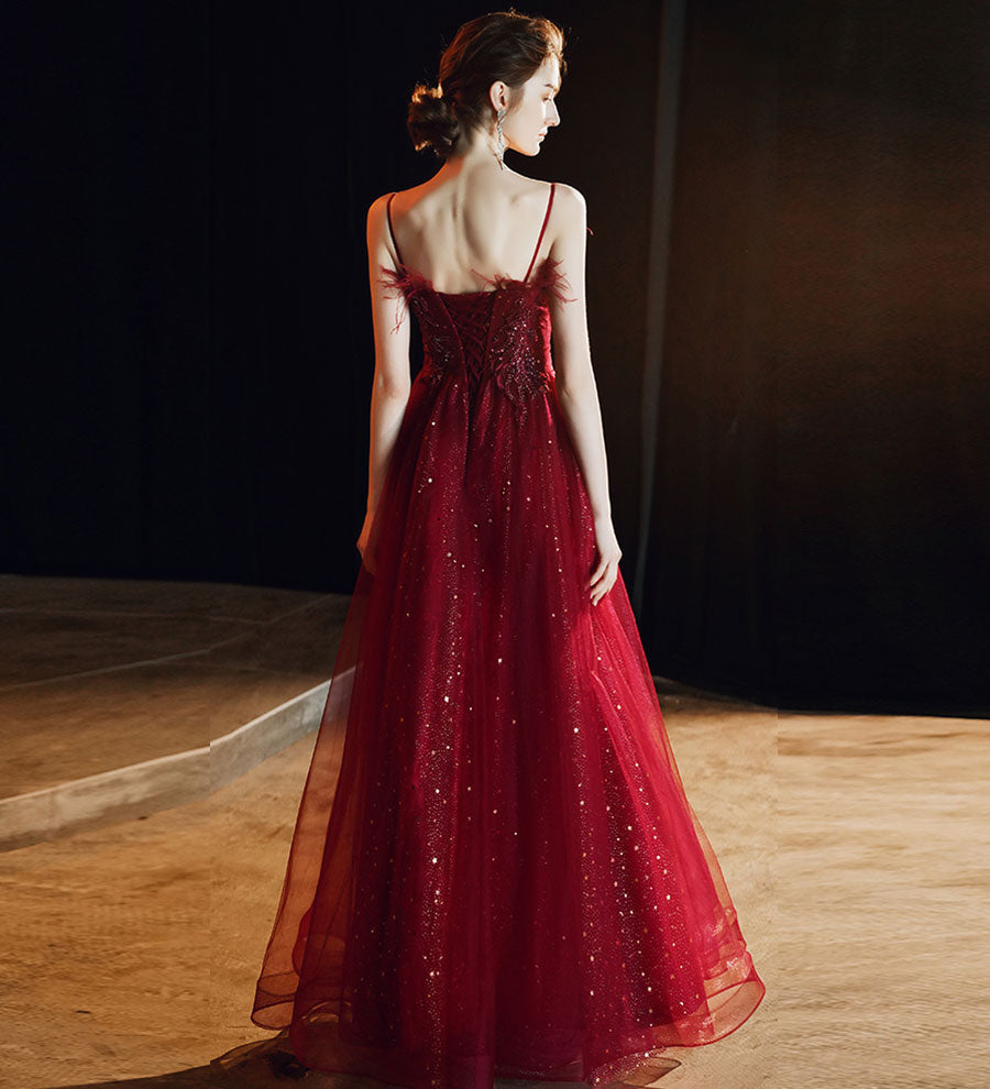 Unique burgundy lace prom dress formal dress 8237