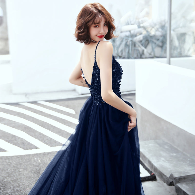 Black v neck tulle sequins long prom dress, evening dress 8133