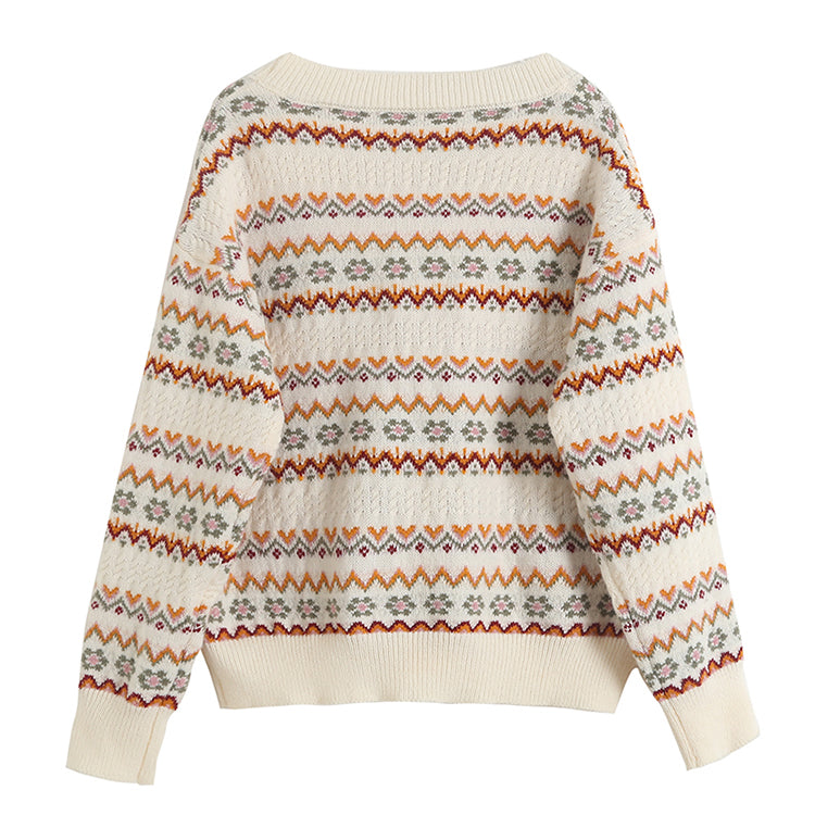 Pull jacquard col V manteau pull court 7730