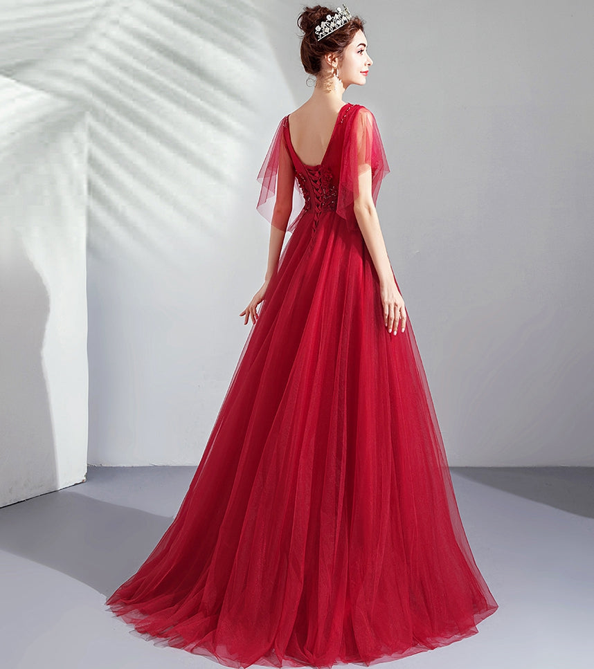 Burgund Tüll Spitze langes Ballkleid Abendkleid 8256