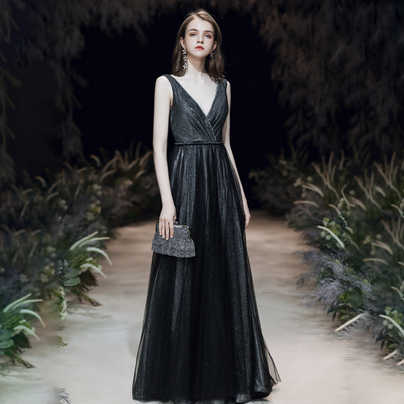 Shiny black v neck tulle long prom dress 8200