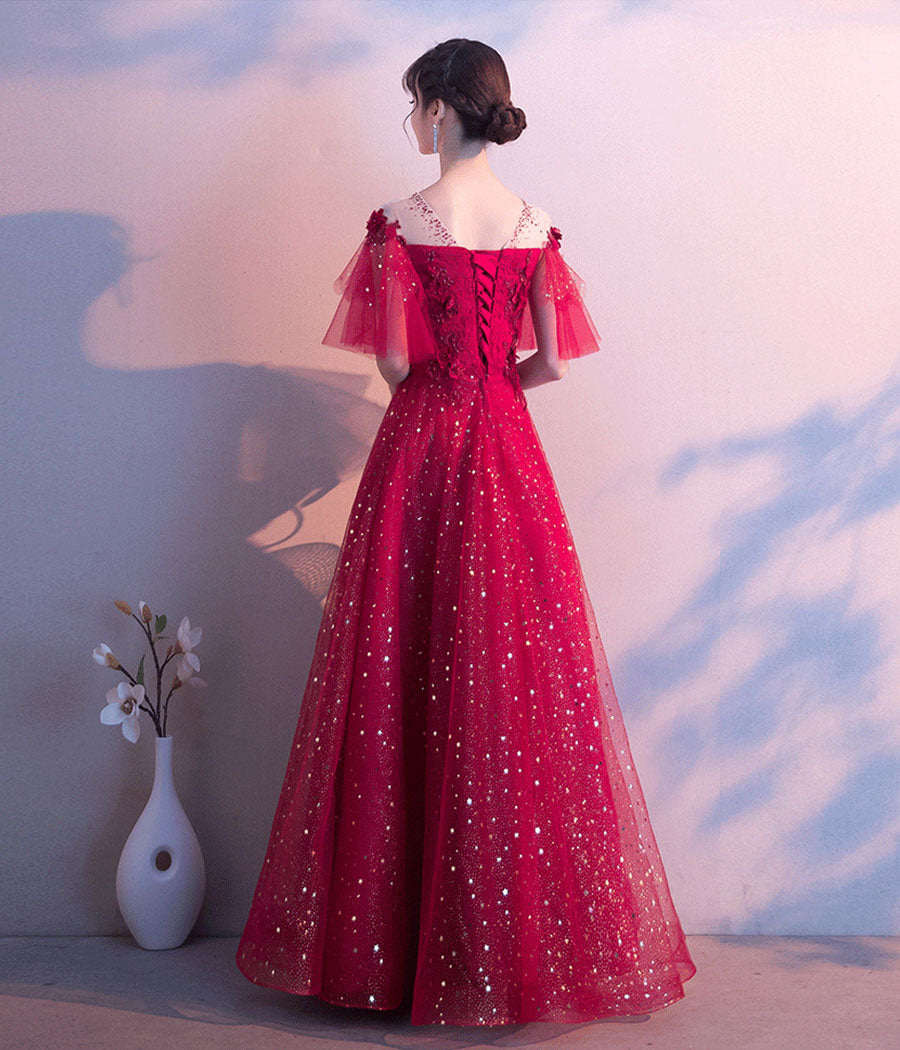 Burgundy tulle sequins prom dress evening dress 8339