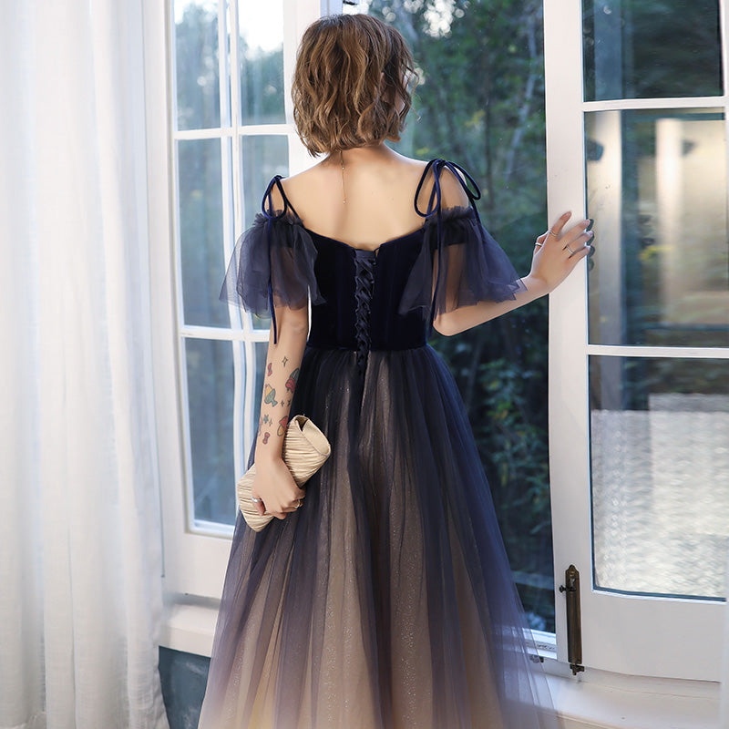 Blue tulle velvet long prom dress 8195
