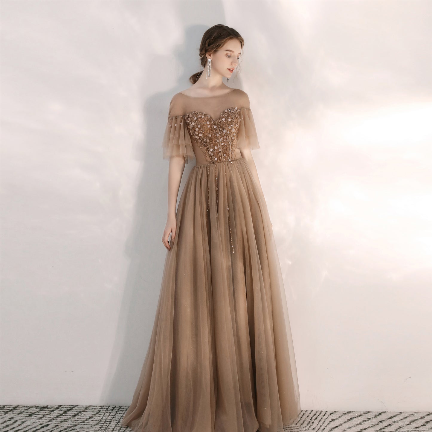 Elegant tulle sequins long prom gown 8165