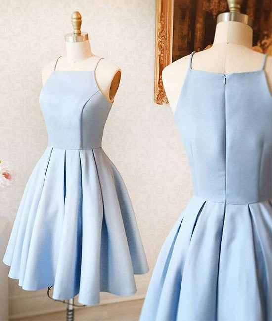 Cute blue satin short prom dress, homecoming dress 8096